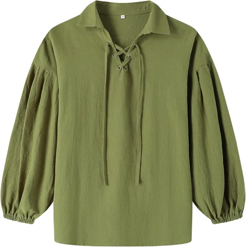 Vista 2 de Eymitory Camisa de pirata medieval para niños, camisa vikinga renacentista con volantes, para Halloween, jacobita escocés, disfraz de Ghillie