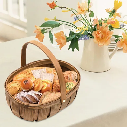 Vista 5 de Lawei Paquete de 3 cestas de pan de madera, cesta de picnic de virutas de madera con asas, cesta de almacenamiento de frutas tejidas a mano