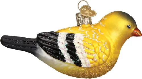 Vista 3 de Old World Christmas Adorno de cristal soplado de jilguero americano para árbol de Navidad, decoración navideña artesanal, colección de observadores