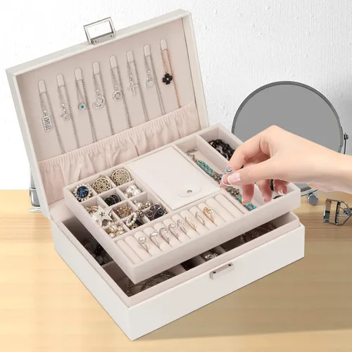Vista 6 de Caja organizadora de joyas para niñas y mujeres, estuche de viaje grande de doble capa con caja de regalocolor blanco