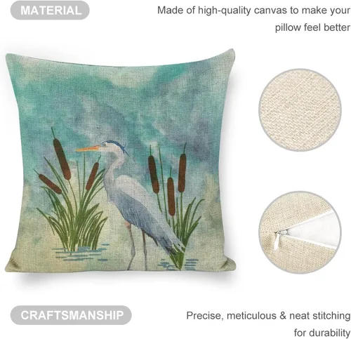 Vista 5 de Fundas de almohada decorativas de 18 x 18 pulgadas, acuarela azul garza cuadrada de lino, funda de cojín para sofá