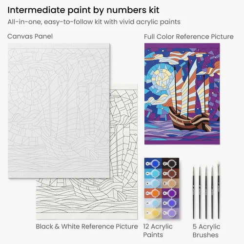 Vista 3 de Arteza Pintura por números para adultos, 12 x 16 pulgadas, 21 piezas, kit de pintura de barco por números, viene con 1 panel de lienzo, 12 macetas