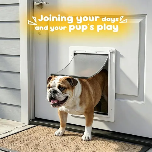 Vista 7 de Puerta de perro mediana para puerta, puerta de perro de metal con panel de bloqueo, puertas para perros medianos con solapa magnética, diseño