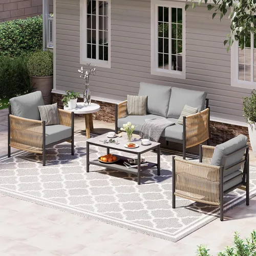 Vista 16 de Sofá de dos plazas de aluminio para patio exterior, sofá de patio de cuerda HDPE con cojín grueso lavable, muebles de patio para todo tipo de clima