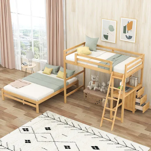 Vista 3 de Litera individual sobre cama matrimonial con escritorio y cajones