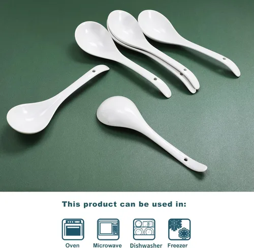 Vista 3 de Buyajuju Mini cucharones de porcelana, cucharas grandes de sopa de 9 pulgadas, 6 cucharones blancos de primera calidad para guisos, fideos chinos