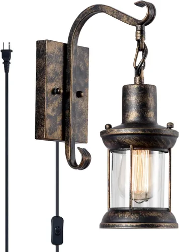 Vista 10 de GLADFRESIT Lámparas de pared rústicas, aplique de pared tipo farol enchufable, apliques de pared antiguos negros, luminarias de iluminación de pared