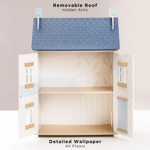 Vista 3 de Le Toy Van - Casa de muñecas de madera Sky - Casa de sueños para niños - 2 pisos con ático - Llena de accesorios para casa de muñecas - Adecuada
