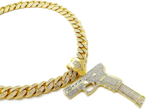 Vista 4 de Pyramid Jeweler Colgante de pistola de oro o plata para hombre Hip Hop y cadena de gargantilla cubana de Miami de 0.472in, Metal, Circonia cúbica