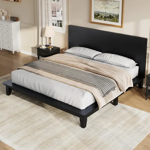 Vista 4 de JIVOIT Base de cama de plataforma de tamaño matrimonial con cabecero, cama de plataforma de madera estilo retro con patas de madera maciza Negro