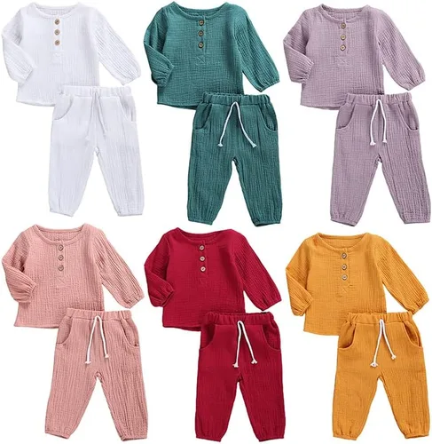 Vista 7 de Conjunto de ropa de algodón y lino de manga larga con botones y pantalones con cordón para bebé