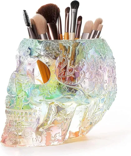Vista 10 de Soporte para brochas de maquillaje de calavera, soporte para bolígrafos, tocador, escritorio, organizador de oficina, estacionario, maceta Negro