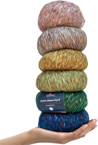 Vista 23 de Hilo de alpaca Tweed de algodón para ganchillo, paquete de 4 (588 yardas/7.05 oz), patrones libres, hilo de tweed para tejer, peso de peinado ligero