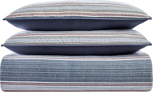 Vista 5 de Brooklyn Loom Hudson Stripe Yarn Dye - Juego de edredón de algodón azul de 2 piezas, tamaño individual XL, con temática de rayas, para hombres