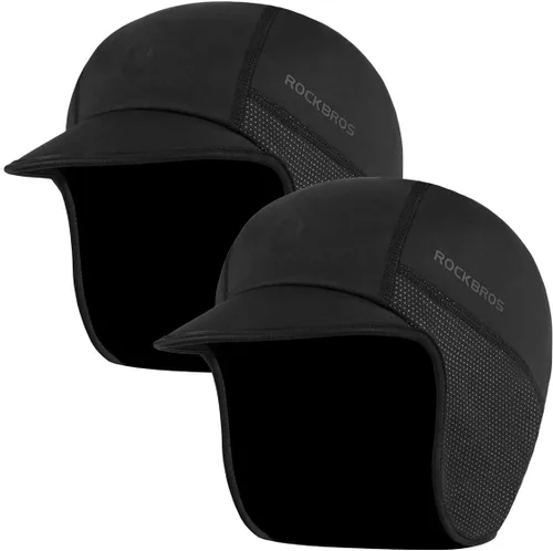 Vista 13 de ROCKBROS Gorras de ciclismo de invierno para hombres y mujeres, sombrero de ciclismo a prueba de viento con visera solar debajo del casco forro negro