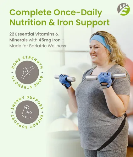 Vista 2 de BariSlim Cápsula multivitamínica bariátrica avanzada una vez al día, 45 mg de hierro, vitamina bariátrica para cirugía post bariátrica, incluyendo