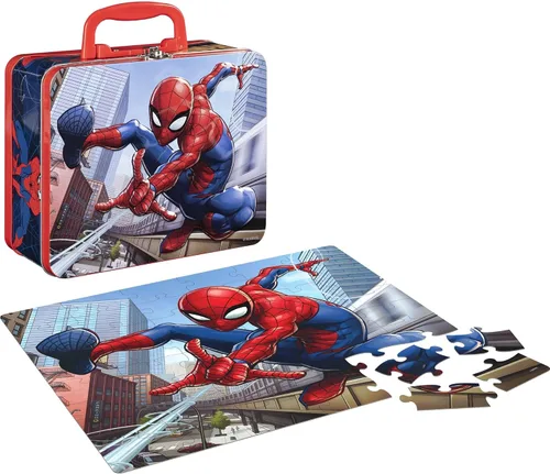 Vista 4 de Marvel Spiderman - Rompecabezas de 48 piezas en lata, rojo, azul, blanco Fiambrera Spider-Man con rompecabezas y colgador de puerta Juego
