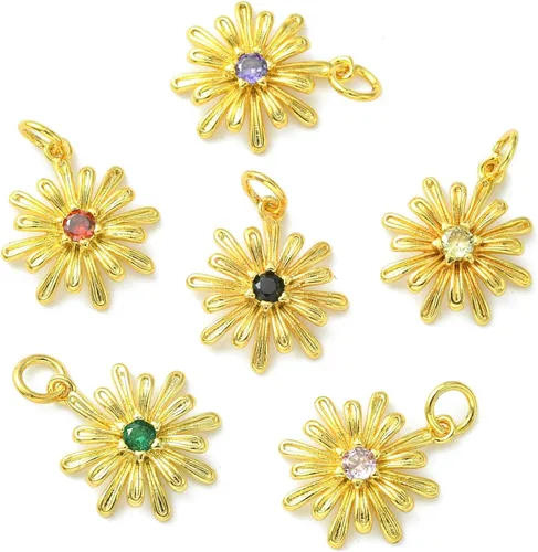 Vista 8 de Ipotkitt - 20 piezas de dijes de cobre con circonita cúbica micropavé en forma de flor con anillo de salto, dijes con forma de planta y flor