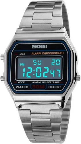 Vista 4 de PASOY - Reloj digital de acero inoxidable con retroiluminación, multifunción, cronómetro, resistente al agua, para hombre