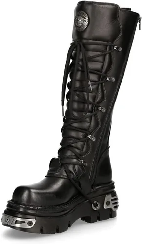 Vista 5 de New Rock Botas altas góticas Emo de cuero negro metálico 272-S1 para hombre con cierre de encaje y hebilla