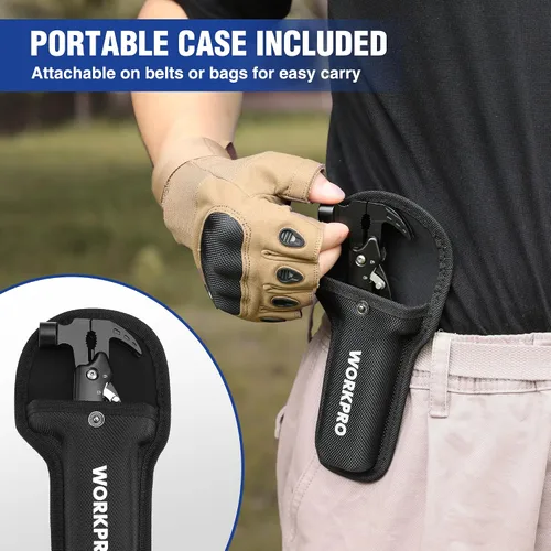 Vista 3 de WORKPRO Multitool-Herramientas de camping 12 en 1 con mini martillo-EDC Gear Multi Herramientas Martillo con bloqueo de seguridad y bolsa, Mini