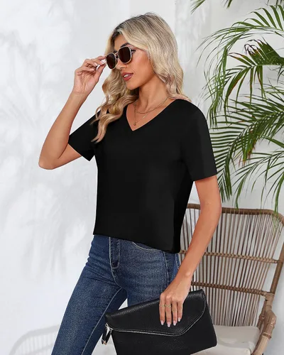 Vista 3 de Ficerd Paquete de 2 camisetas con cuello en V para mujer, manga corta o larga, camisetas básicas de verano casuales con dobladillo sólido