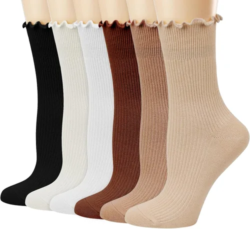 Vista 23 de Mcool Mary Calcetines para mujer, con volantes, estilo casual, transpirables, de punto, de algodón, con volantes, paquete de 6