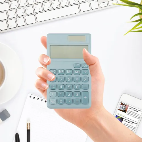 Vista 7 de Calculadora solar, mini calculadora básica, calculadoras escolares para estudiantes, calculadoras de bolsillo, accesorios de oficina azules