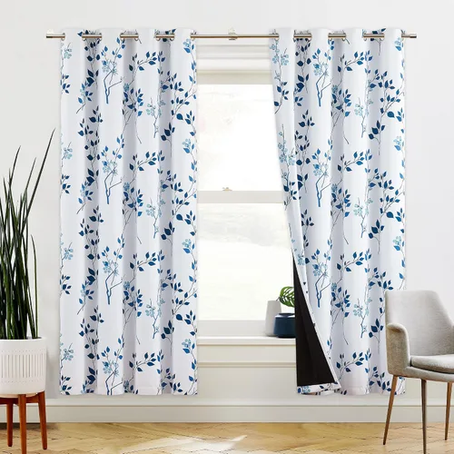 Vista 28 de Beauoop Cortinas Florales 100% Opacas de 54 Pulgadas de Largo, 2 Paneles para Dormitorio, Sala de Estar, Azul Gris y Blanco con Patrón de Flores