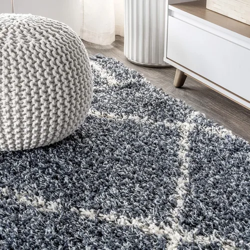 Vista 6 de JONATHAN Y Mercer Shag - Alfombra de pasillo de felpa con borlas, azul/crema, 2 x 8 pulgadas, enrejado geométrico marroquí, fácil limpieza para sala