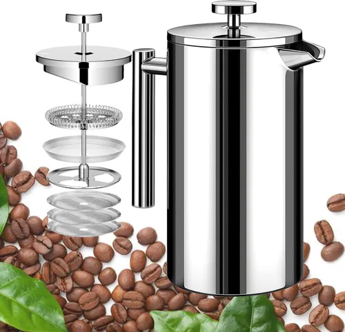 Vista 15 de Cafetera de Prensa Francesa de Acero Inoxidable Negro, Prensa Francesa Aislada de Doble Pared, para Café y Té, con 3 Pantallas Extra y una Cuchara