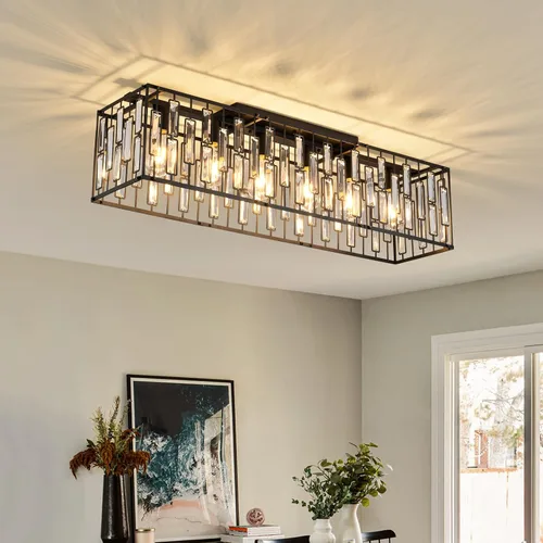 Vista 10 de Garwarm Lámpara de techo rectangular de montaje empotrado de 6 luces, lámpara de araña negra enjaulada de metal de 38 pulgadas, lámpara de techo