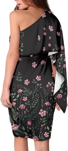 Vista 2 de PORCLAY Vestido corto ajustado con estampado floral de un hombro para mujer, manga de mariposa, dobladillo asimétrico, vestidos de fiesta