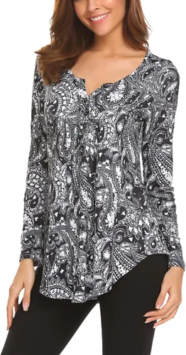 Vista 4 de Blusa de manga larga con estampado floral Henley cuello en V, plisada, casual, acampanada, para mujer