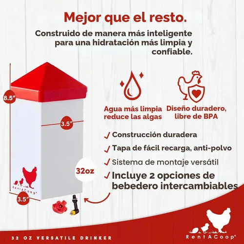 Vista 2 de RentACoop Bebedero de pollo de 32 onzas con 2 pezones versátiles