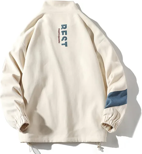 Vista 2 de Aelfric Eden Chaquetas de motocicleta para hombre, chaqueta universitaria, chaqueta vintage con estampado de letras, chaqueta de retazos beige