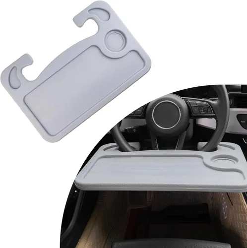 Vista 7 de Dickno Escritorio para volante de automóvil, bandeja multiusos para volante con soporte para bebidas, bandeja de comida para volante para comer Beige