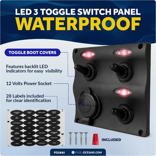 Vista 2 de Five Oceans Marine 2 3 6 Gang Toggle Rocker Switch Panel, enchufe del encendedor de cigarrillos 12V