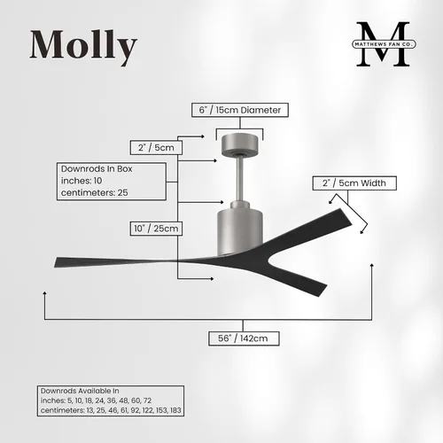 Vista 3 de Matthews MK-BN-BK Molly - Ventilador de techo moderno de 56 pulgadas para exteriores e interiores, con control remoto y control de pared, 3 aspas