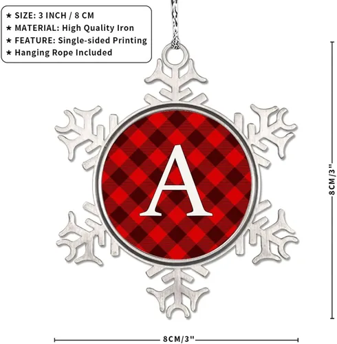 Vista 7 de Adorno de copo de nieve de letra A con inicial de copo de nieve, adorno de monograma a cuadros rojos para decoración de árbol de Navidad, adornos