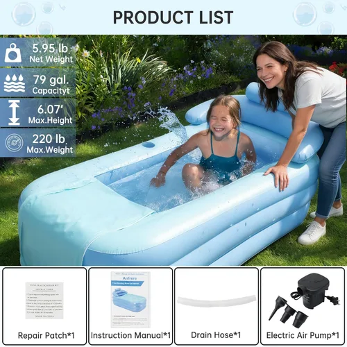 Vista 3 de Anfrere Bañera inflable portátil con bomba de aire eléctrica y parches