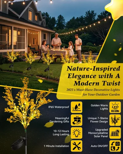 Vista 2 de Neporal Luces solares decorativas para exteriores, 2 unidades, 7 tallos dorados, flores solares para exteriores, impermeables, para jardín, patio