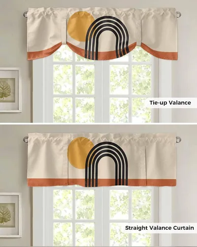 Vista 5 de Cortina de ventana ajustable con lazos para ventana, cenefa de cocina para sala de estar, arte abstracto, sol y arco iris, bolsillo para barra