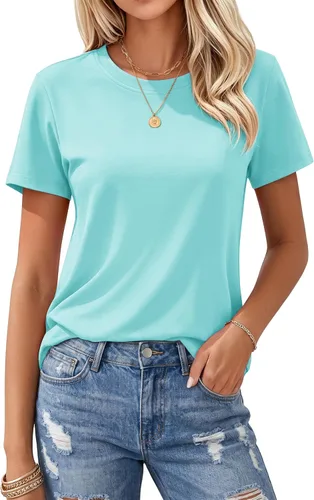 Vista 21 de MAGCOMSEN Camisetas de algodón para mujer de manga corta con cuello redondo, camisetas de ajuste clásico y transpirables de verano a1-Negro