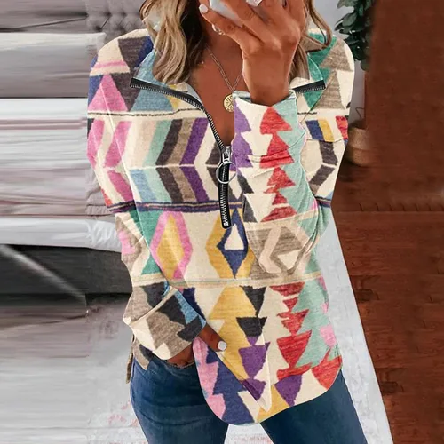 Vista 2 de Shllale Lightweight Sweatshirt for Women Half Zip Up Collared Pullover Long Sleeve Top Jersey Half Zip Patterned Casual Fall