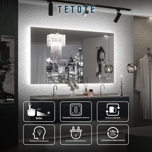 Vista 7 de TETOTE - Espejo retroiluminado para baño con luz, botón táctil regulable y función antivaho (horizontal o vertical)