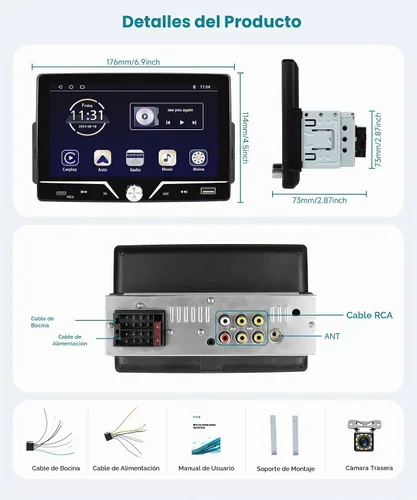 Vista 7 de Estéreo de automóvil de un solo DIN con cable Carplay Android Auto, Sellrich de 7 pulgadas, pantalla táctil, Bluetooth, radio para automóvil