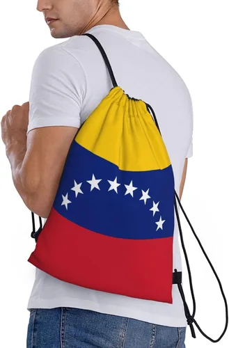 Vista 3 de Mochila Venezuela con cordón para yoga, playa, ligera, gimnasio, deportes, cuerda, bolsa venezolana, decoración al aire libre, Negro