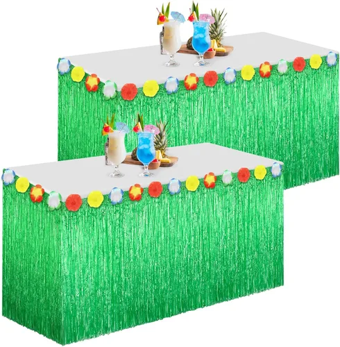 Vista 8 de Morcheiong Paquete de 1 falda de mesa de hierba Luau, 9 pies x 29.5 pulgadas, falda de mesa hawaiana para Tiki, selva, suministros de decoración