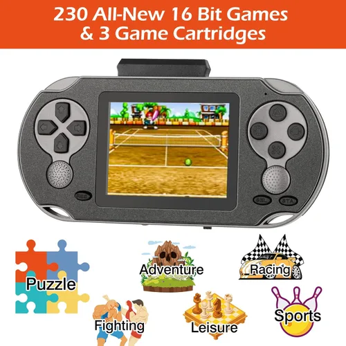 Vista 2 de TaddToy Juego de mano de 16 bits para niños y adultos, pantalla grande de 3.0 pulgadas precargada 230 HD videojuegos clásicos retro con batería